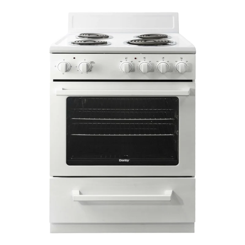 Cuisinière électrique compacte 24 po, 2,5 pi³ Blanc avec Serpentins et Cuisson uniforme