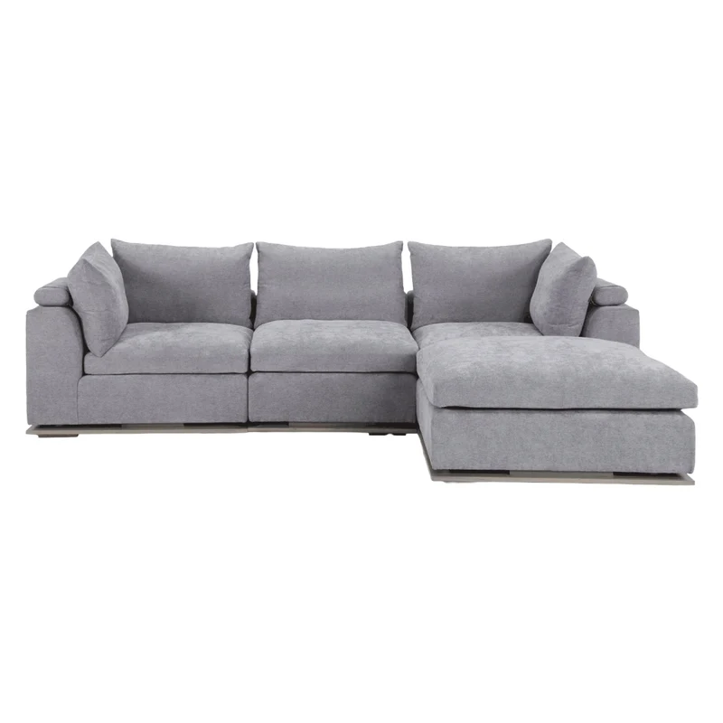 Sectionnel modulaire 3 pièces en tissu gris et base en bois avec ottoman - Nature