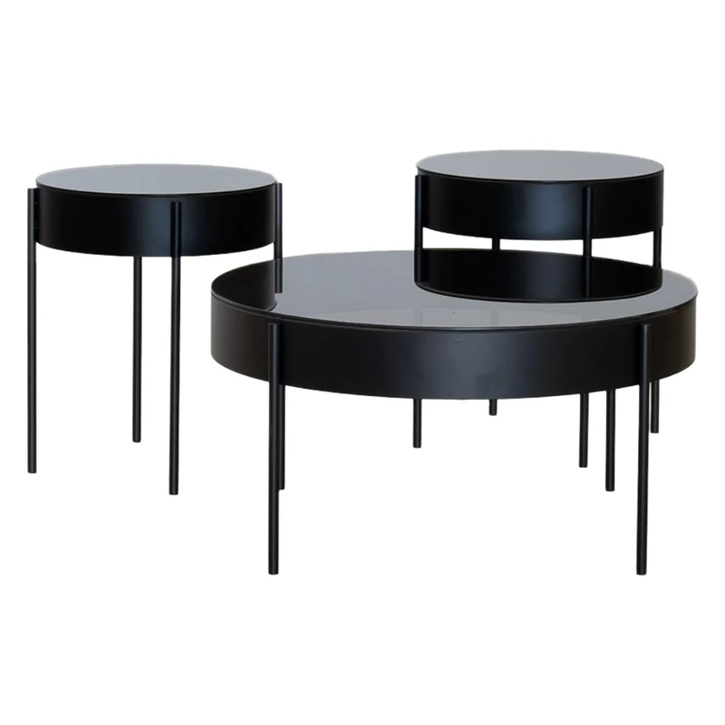 Ensemble de 3 tables de verre fumé et métal noir - Ardoline