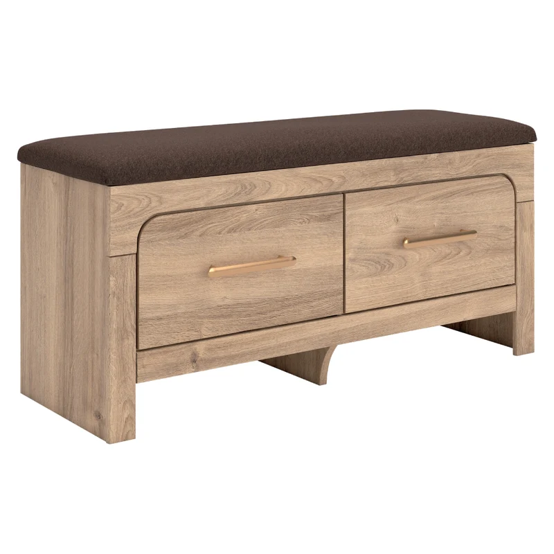 Banc de rangement en tissu brun et en bois/MDF tan avec 2 tiroirs - Kinlanni