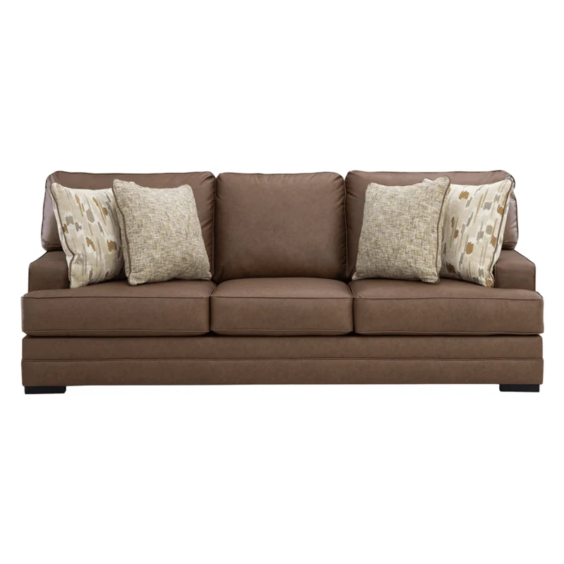 Sofa aspect cuir brun caramel avec coussins - VillaCourt
