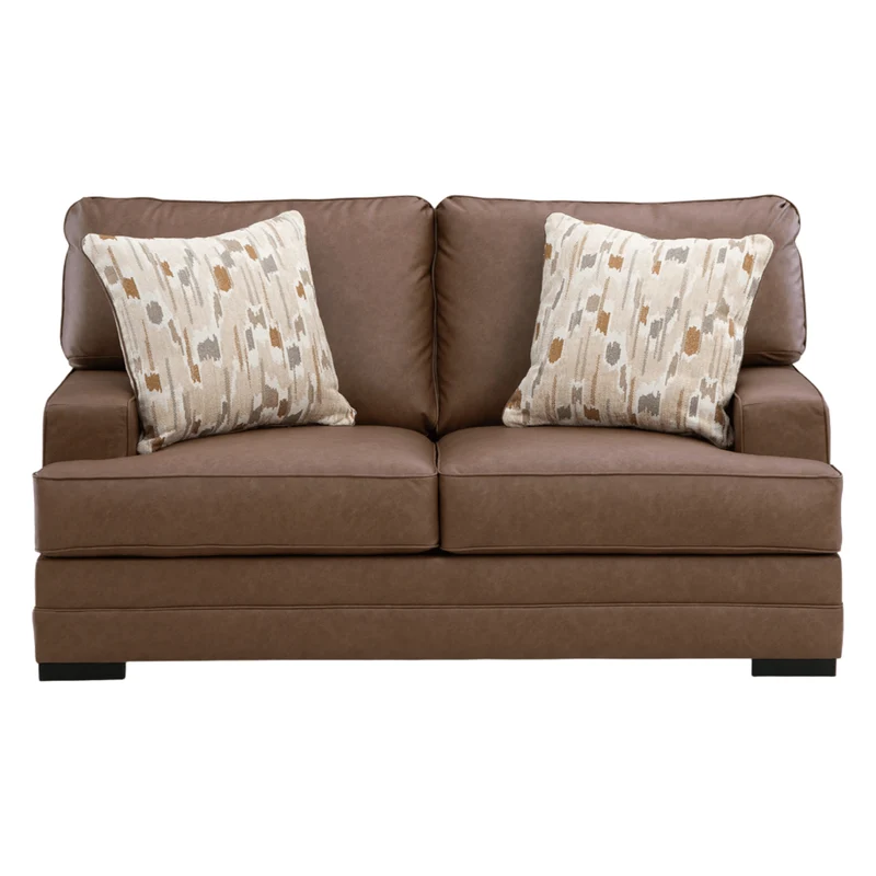 Causeuse aspect cuir brun caramel avec coussins - VillaCourt
