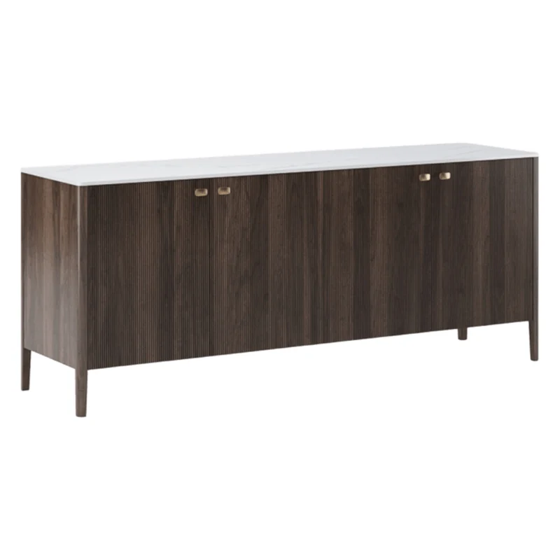 Buffet en porcelaine blanche et bois/placage noyer foncé avec 4 portes - Emilie
