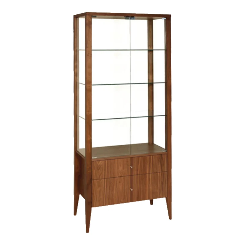 Buffet-vaisselier en bois noyer naturel avec 2 portes en verre et 2 tiroirs - Alex