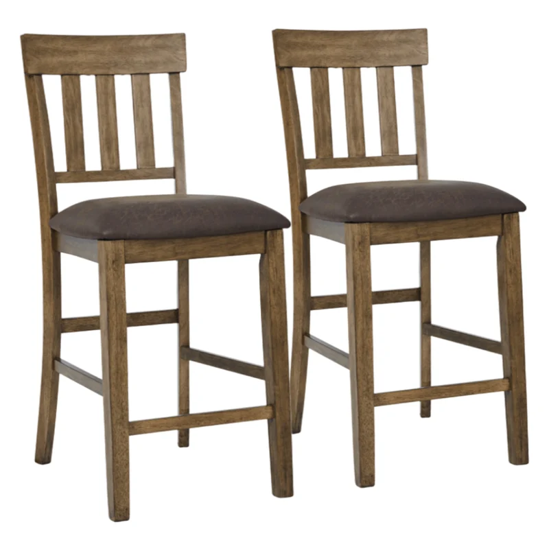 Ensemble de 2 tabourets de bar en bois avec assise rembourrée aspect cuir brun - Urbinforte