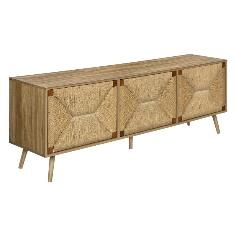 Meuble de télévision en bois/MDF noyer clair avec 3 portes en jonc de mer - I 2793