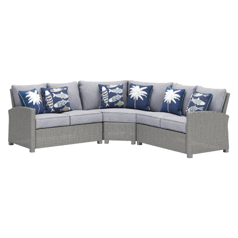 Sectionnel extérieur 3 pièces en tissu Nuvella et en osier gris pâle avec coussins - Naples Beach