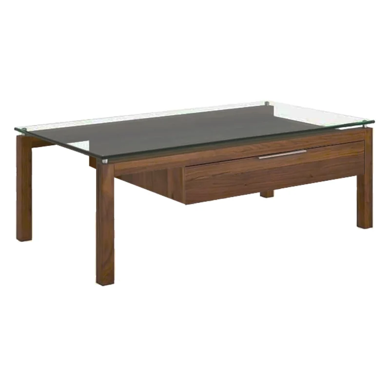 Table basse en verre et bois de noyer avec 1 tiroir - Sara