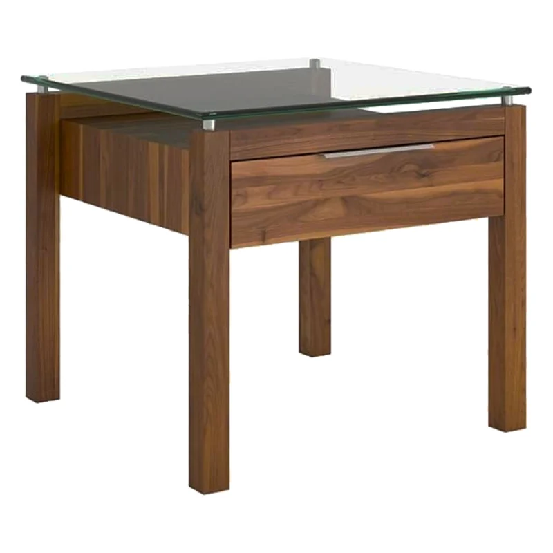 Table de bout en verre et bois de noyer avec 1 tiroir - Sara