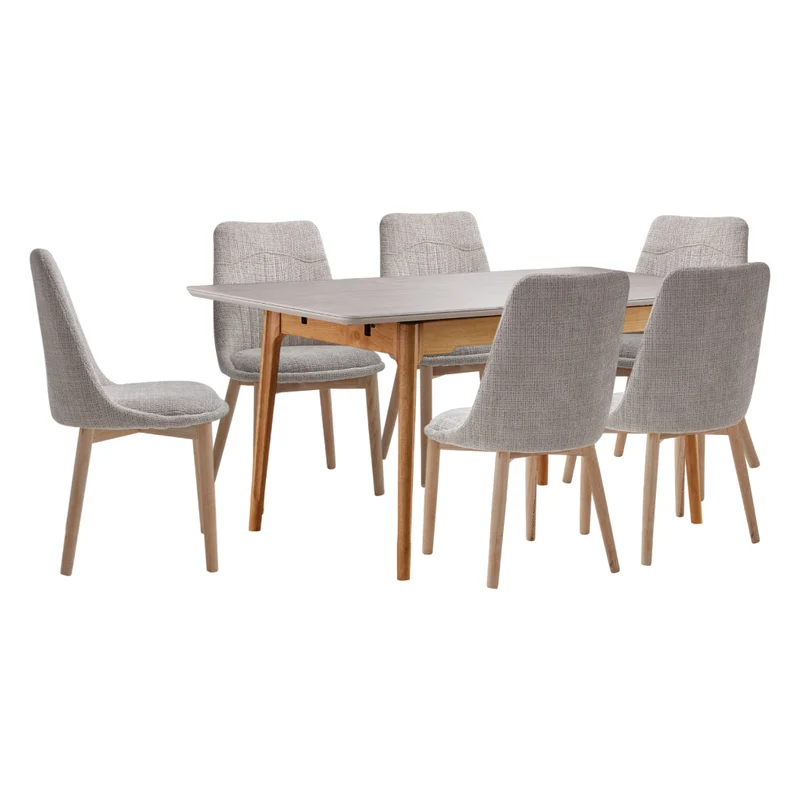 Ensemble de salle à manger avec 6 chaises rembourrées en tissu crème - Valencia