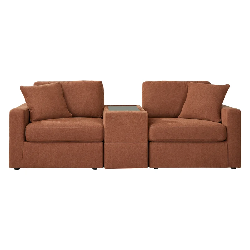 Sectionnel 3 pièces en tissu brun avec console & coussins - Modmax