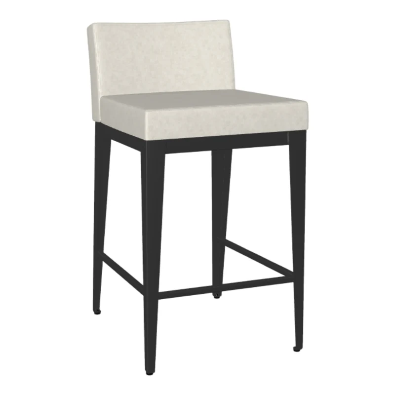 Tabouret de comptoir en métal noir avec assise rembourrée aspect cuir gris pâle - Ethan