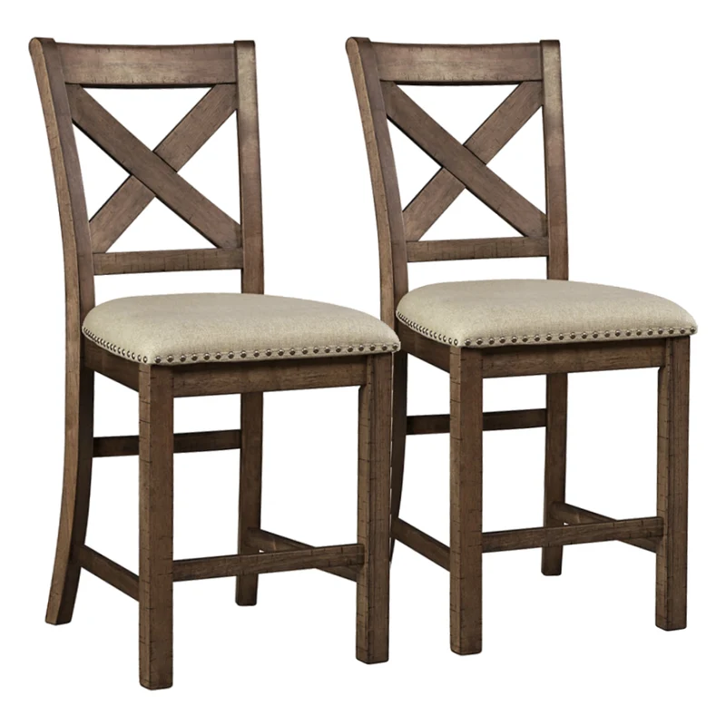 Ensemble de 2 tabourets de bar en bois avec assise rembourrée en tissu beige - Moriville