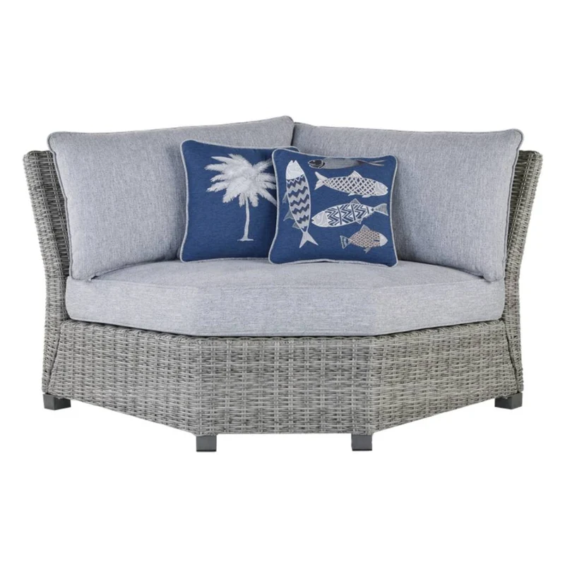 Fauteuil en coin extérieur en tissu Nuvella et osier gris pâle avec coussins - Naples Beach