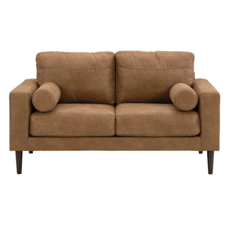 Causeuse aspect cuir brun caramel avec coussins - Telora