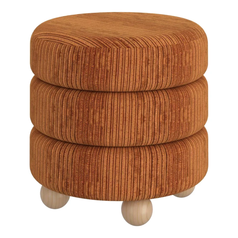 Pouf rond en tissu canalisé et bois naturel - Willo