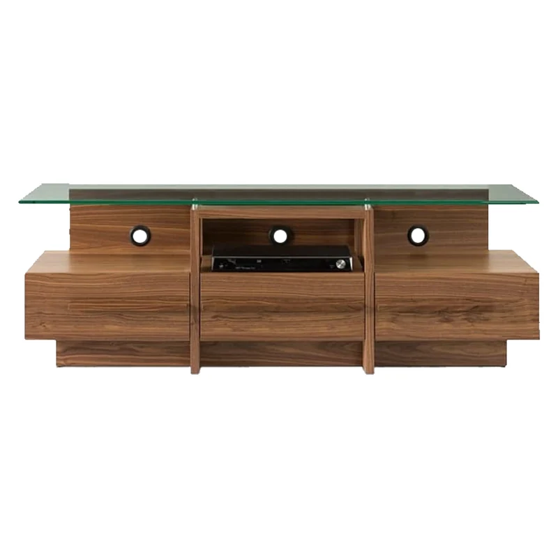 Meuble de télévision en verre et bois de noyer avec 3 tiroirs - Ross