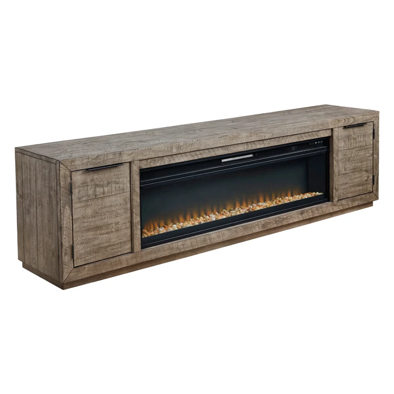 Meuble de télévision en bois/placage gris patiné avec foyer électrique - Krystanza
