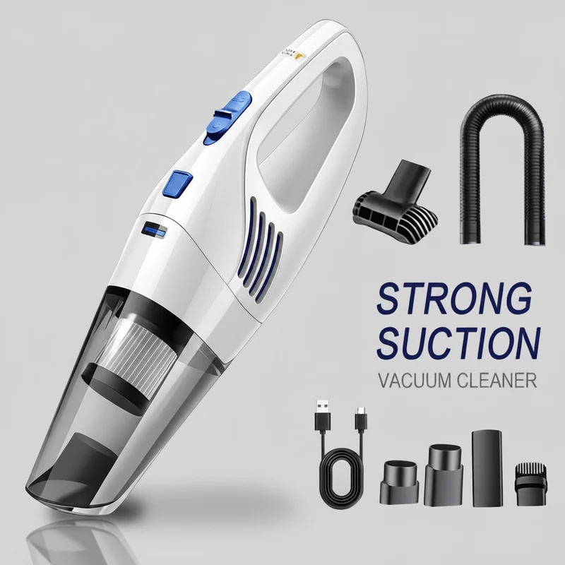 Aspirateur de voiture portable avec une aspiration ultra-puissante de 6000 Pa, une batterie haute capacité de 1800 mAh, un fonctionnement silencieux et cinq accessoires assortis pour l'entretien intérieur de votre voiture, le nettoyage de votre maison et de vos animaux de compagnie. Accessoire idéal pour votre Tesla.