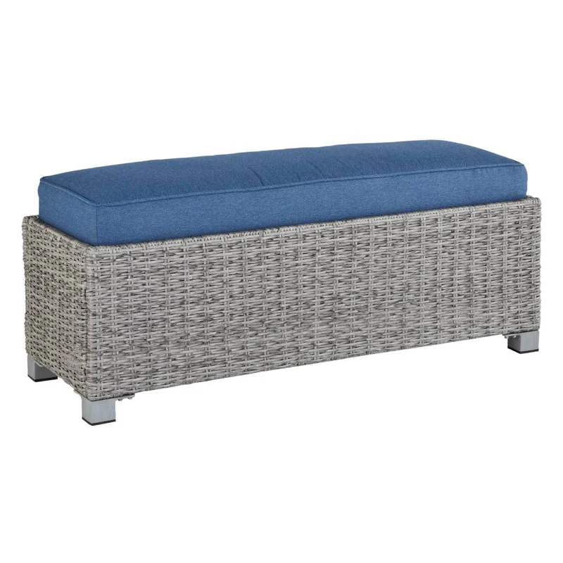 Banc extérieur en tissu Nuvella bleu et en osier gris pâle - Naples Beach