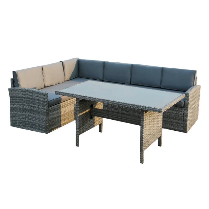 Sectionnel 6 places avec table extérieure en tissu et rotin gris - Chardonnay