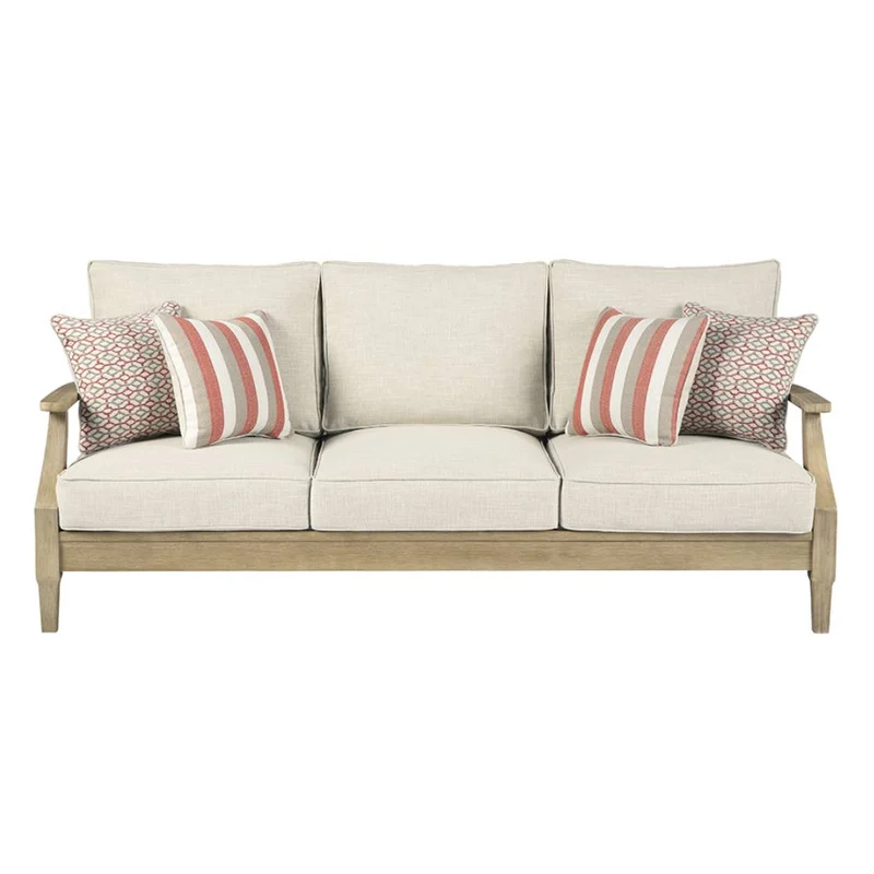 Sofa extérieur en tissu Nuvella beige pâle et en bois d'eucalyptus avec coussins - Clare view