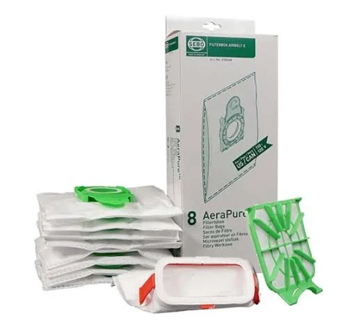 SEBO Série E – 8 sacs AeraPure + microfiltre + filtre d’échappement