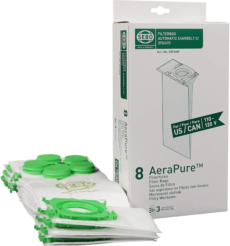 SEBO AeraPure #5093ER / 5093AM – Sacs filtrants, Paquet de 8