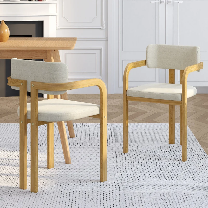 Chaises Elsa avec accoudoirs tissu beige pieds effet bois - lot de 2