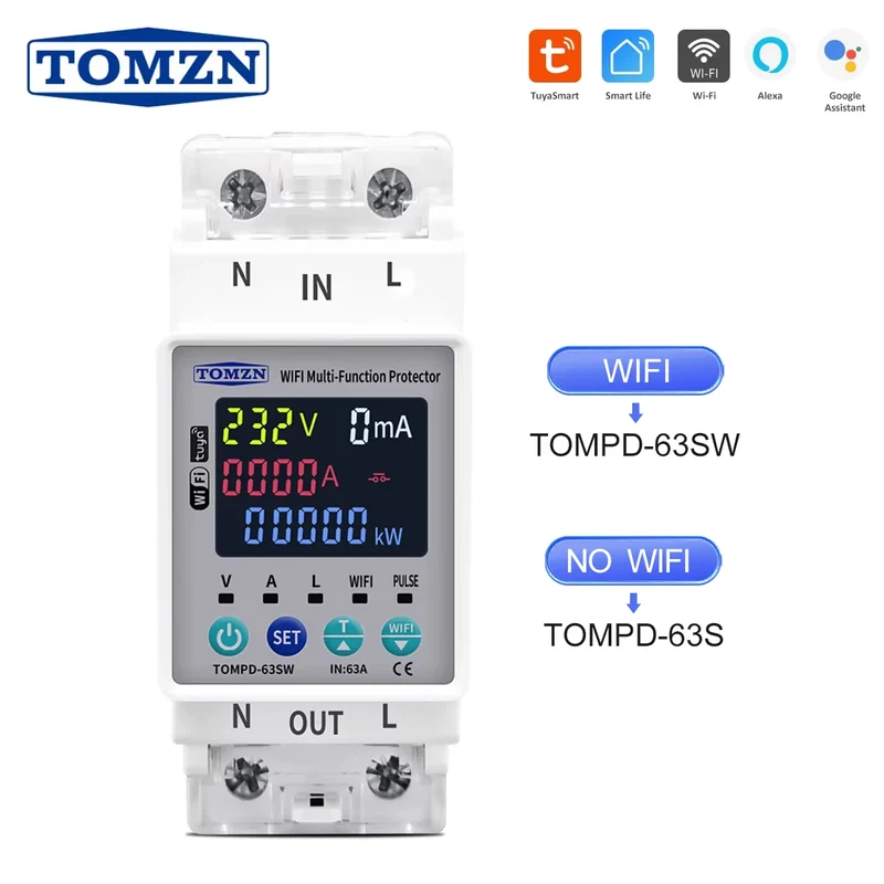 TOMZN 2P 63A TUYA WiFi Smart Circuit Breaker with Energy Monitoring