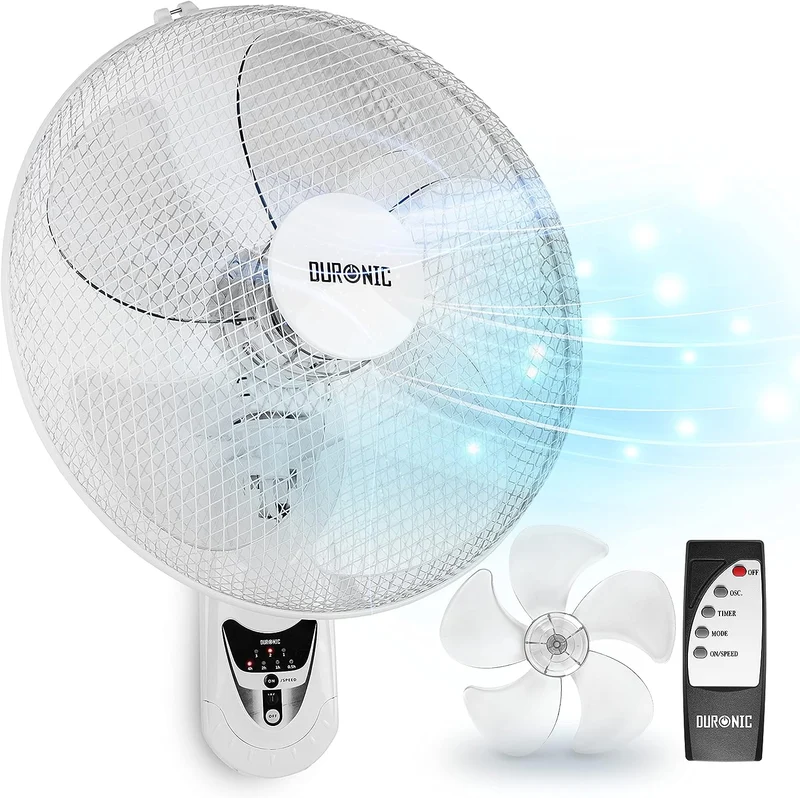 Duronic FN55 WE Ventilateur mural 60W 5 Pâles de 40 cm Tête oscillante avec minuteur 3 Vitesses Télécommande Moteur puissant et silencieux Support mural coulissant démontable à la volée