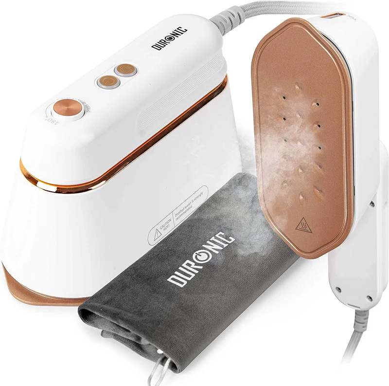 Duronic HS90 WE Fer à repasser de voyage Portable Utilisation horizontale et verticale 2 fonctions vapeur Poignée rétractable Compact et léger pour déplacements Sacoche base et cruche incluses