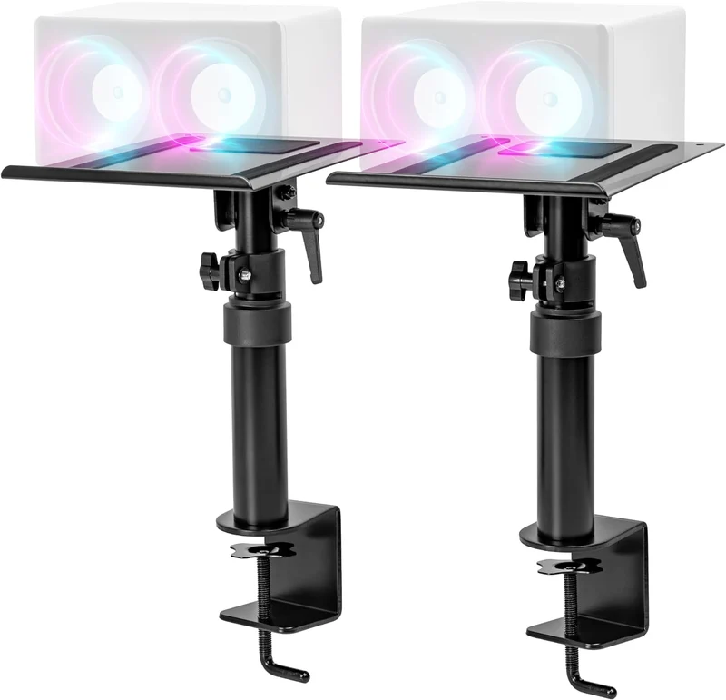 Duronic SPS25 2 Supports d’Enceintes pour Bureau | Hauteur Ajustable de 26,4 à 40,5 cm | Inclinable et Rotatif | Plateau de 24 x 20 cm | Pince de Fixation | Home Cinema Studio d’Enregistrement