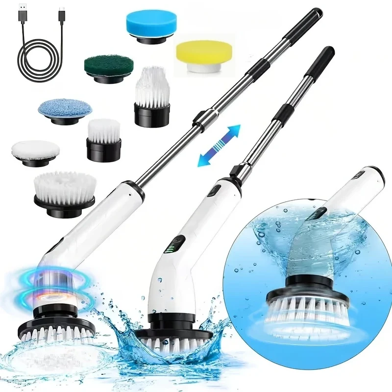 DIAMRI 9-in-1 USB Rechargeable Electric Cleaning Brush – Telescopic Handle, 8 Brush Heads, for Home & Car