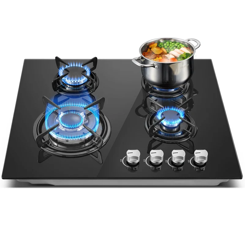 TopStrong 60cm 4-Burner Built-In Gas Hob – Black Tempered Glass, 8060W Dual Fuel