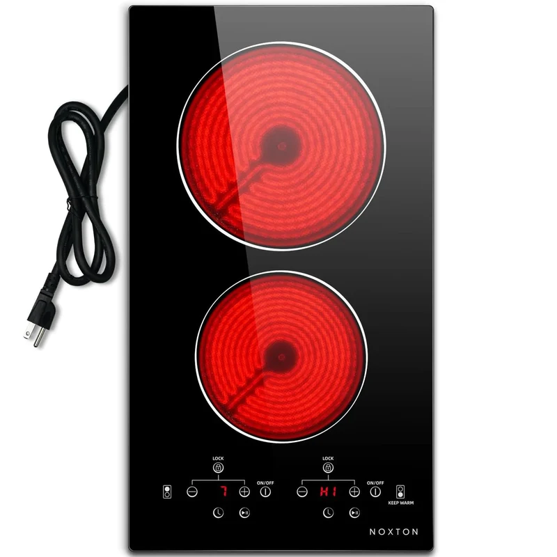NOXTON 2-Zone Ceramic Hob – Plug-In, 99-Min Timer, Safety Lock, Countertop & Built-In, US 110V / EU-UK 220V