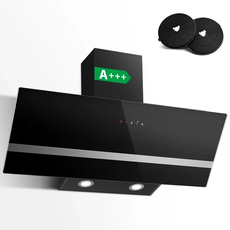 90cm Wall-Mounted Range Hood – A+++ Energy Class, 400m³/h, Touch Control, LED, Black Stainless Steel/Glass, 58dB