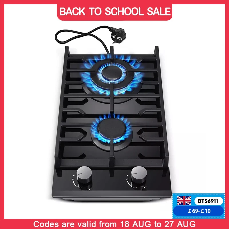 TopStrong 2-Burner Built-In Gas Hob 30cm – Tempered Glass, NG/LPG Dual Fuel (UKGCT-B02)