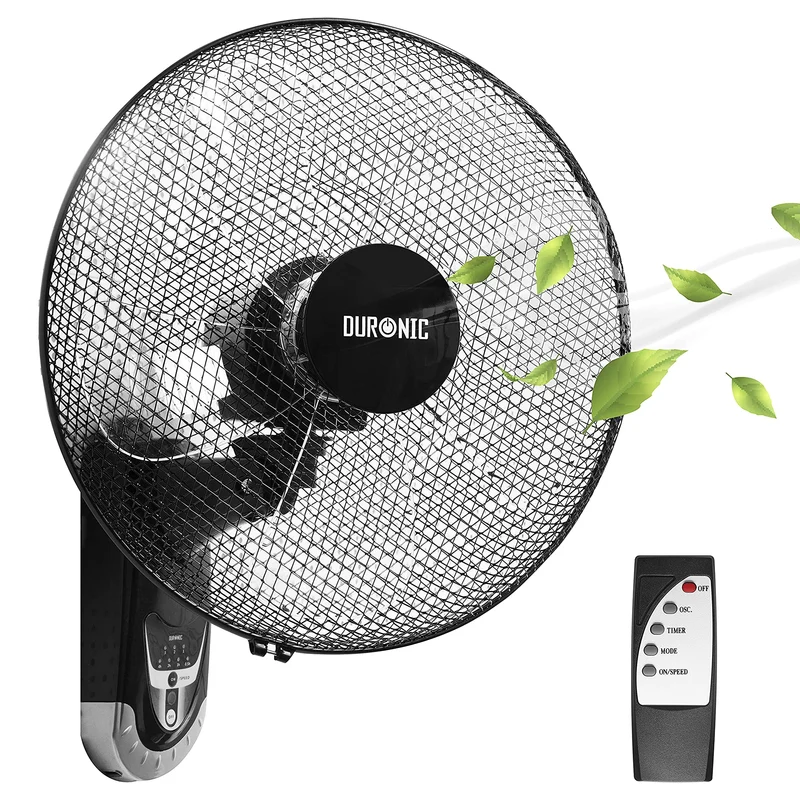 Duronic FN55 BK Ventilateur mural 60W 5 Pâles de 40cm Tête oscillante avec minuteur 3 Vitesses Télécommande Moteur puissant et silencieux Support mural coulissant démontable à la volée