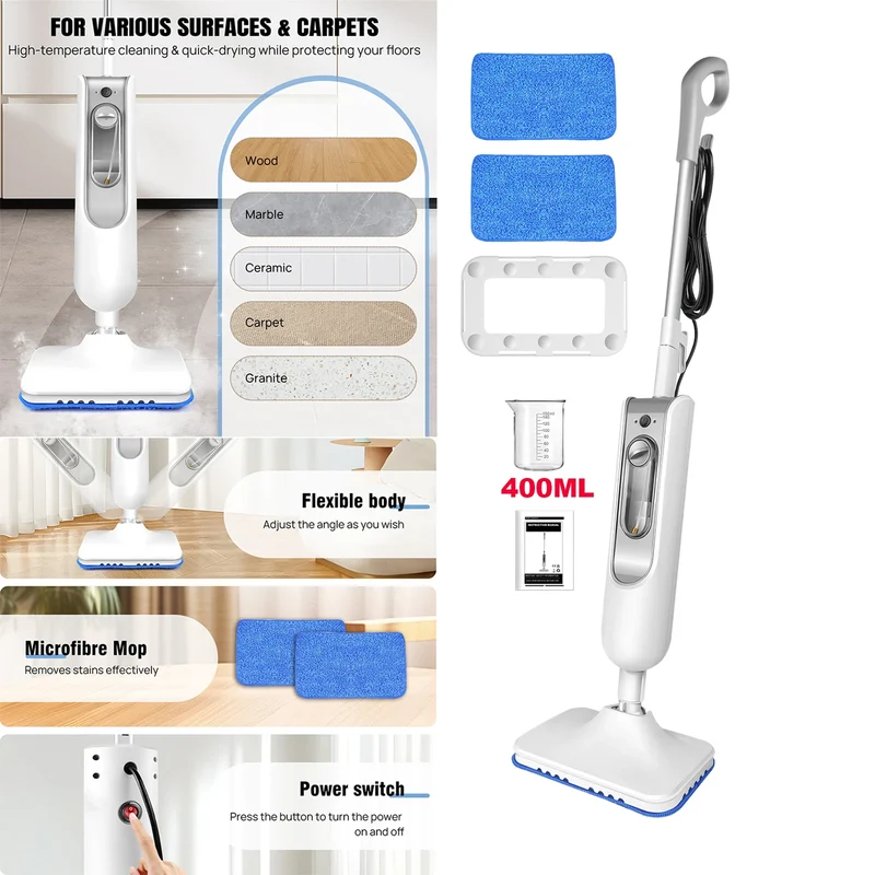 Steam Mop & Detachable Steam Cleaner 1500W – Kills 99.9% Bacteria, Carpet & Floor, 400ml