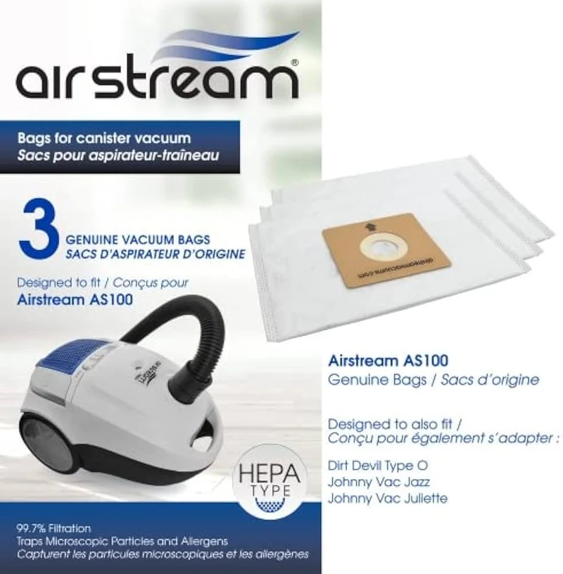 Sacs HEPA Airstream AS100 et JohnnyVac Juliette – Traîneau – Paquet de 3