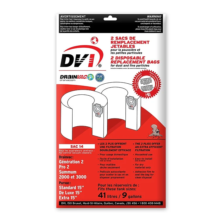 Sacs DrainVac / PurVac 41 L – Pro2, 2000, 3000, Summum, Contracteur, PurVac 15" – Papier ou Tissu – Pqt 2