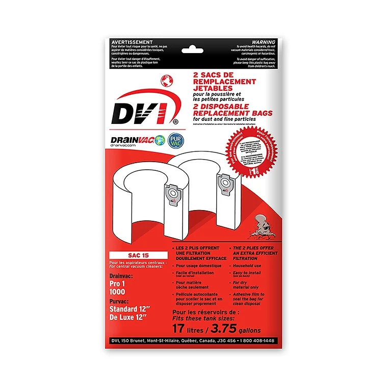 Sacs DrainVac / PurVac 17 L – Série 1000, C, Contracteur, Pro1, PurVac 12" – Papier ou Tissu – Pqt 2