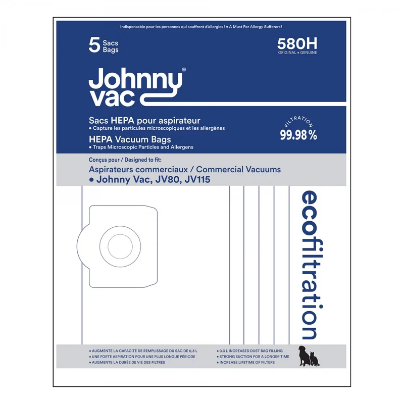 Sacs HEPA Johnny Vac JV115, JV80, JV101, JV770H et Lava – Filtration 0,3 micron – Paquet de 5
