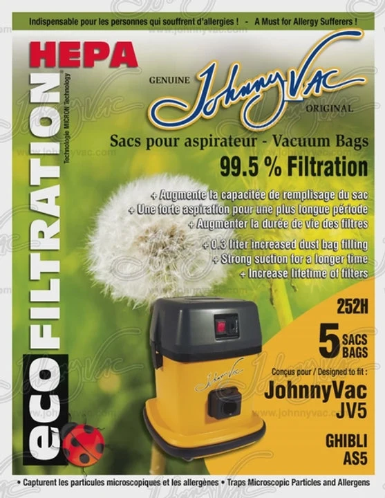 Sacs HEPA Johnny Vac JV5 et Ghibli AS5 – Filtration maximale particules et allergènes – Paquet de 5