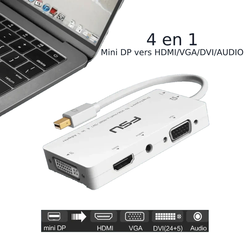 Adaptateur 4 en 1 Mini DisplayPort vers VGA DVI