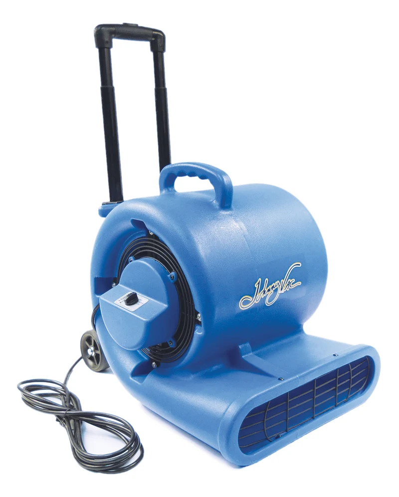 Ventilateur / souffleur / séchoir de plancher portatif - Johnny Vac - diamètre du ventilateur 9,5" (24 cm) - 3 vitesses avec poignée téléscopique et roues - bleu