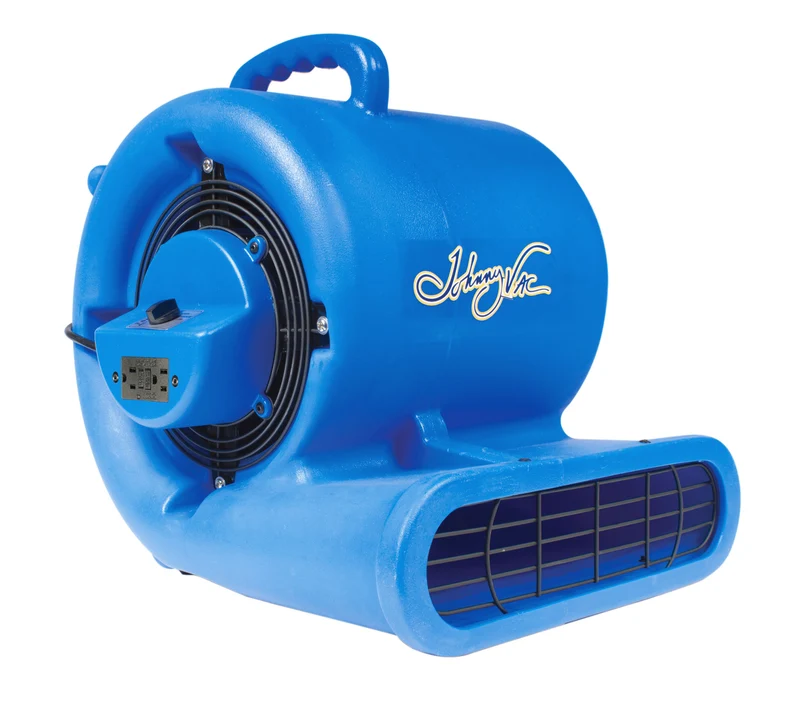 Ventilateur de plancher / souffleur / Séchoir - Johnny Vac - diamètre du ventilateur 9,5" (24 cm) - 3 vitesses - avec poignée - barre d'alimentation électrique intégrée - bleu