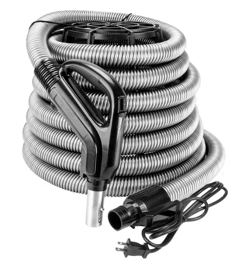 Boyau électrique pour aspirateur central - argent - poignée ergonomique - 360° - marche/arrêt - compatible balai électrique - bouton-barrure - Argent - 30' à 35'
