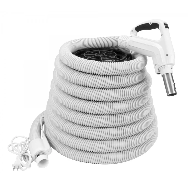 Boyau électrique pour aspirateur central - poignée ergonomique - 360° - compatible balai électrique - bouton-barrure - bouton marche-arrêt - Gris - 30' ou 35'